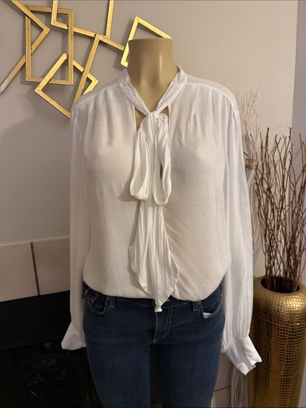 7 For All Mankind White Tie-Neck Long Sleeve Blouse